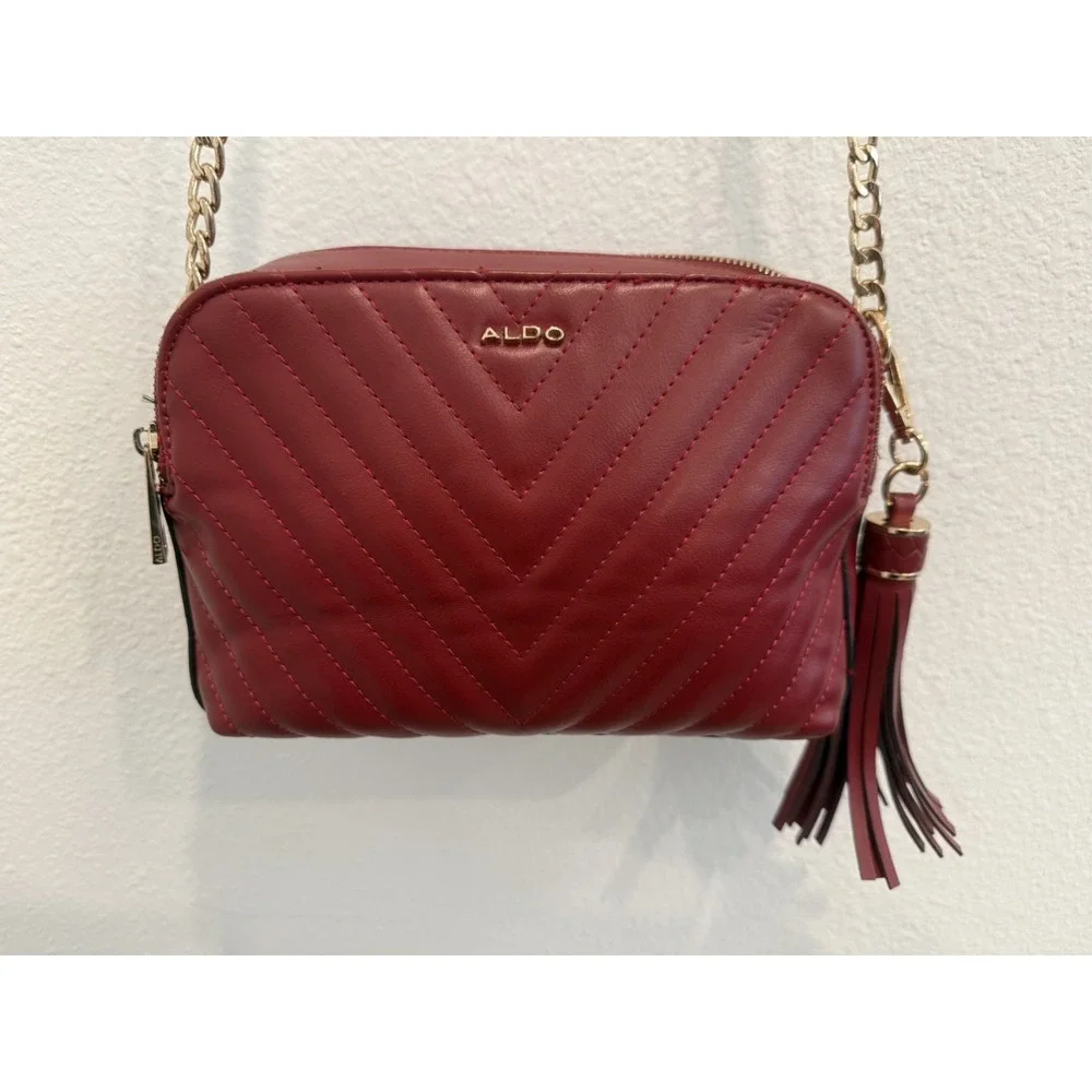 ALDO Small Red Chevron Quilted Crossbody Purse Bag Gold Accents + Tassel
